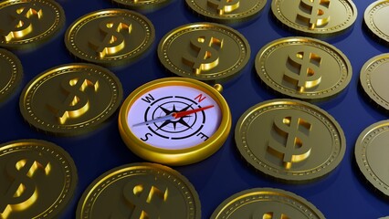 3d rendering of gold coins and a compass 