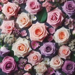 Background of beautiful pink and purple roses. Top view, flat lay. AI Generated