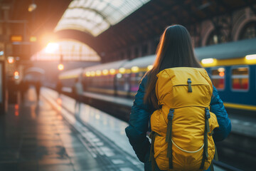 A girl travels with a yellow backpack on a train