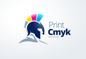 Obraz premium Logo Print Сmyk Printing theme. Spartan warrior in helmet. Template design vector. White background.