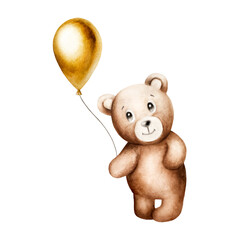 Watercolor cute cartoon teddy bear with golden foil balloon on a string. Hand drawn baby illustration isolated on white background. Lovely toy for baby and kids new born celebra