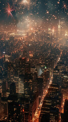New York City Manhattan midtown skyline at night with firework .