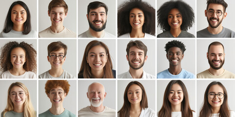 Many diverse ethnicity different young and old people group headshots in collage. Lot of smiling multicultural faces looking at camera.