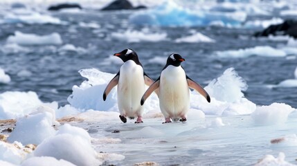 Curious Penguins Exploring Icy Shore AI Generated.