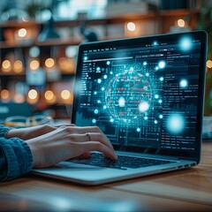 Close-up of a student's hands typing code on a laptop in a university auditorium during a lecture, showcasing higher education in computer science.