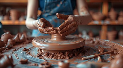 Close-up of a child's hands covered in clay, creatively shaping a piece on a spinning pottery wheel in a workshop.