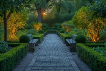 Obraz premium A beautiful green park with hedges at sunset