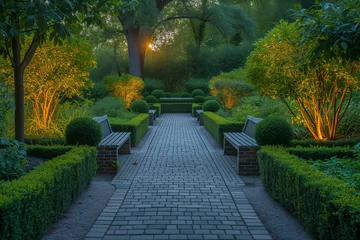 Tuinposter A beautiful green park with hedges at sunset © Anastasiia Trembach