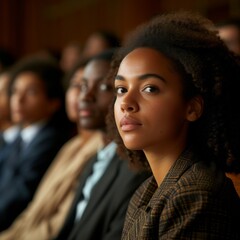 A close-up photograph of a diverse jury group sitting in the jury box, focused expressions, in the courtroom. Soft lighting highlights their serious faces against the backdrop of the courtroom. - obrazy, fototapety, plakaty