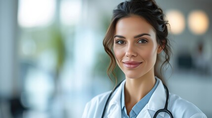 Portrait of a smiling female doctor with a stethoscope in a bright medical office setting.
