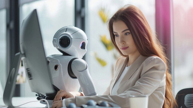 Young businesswoman sitting at office desk with computer and artificial intelligence robot