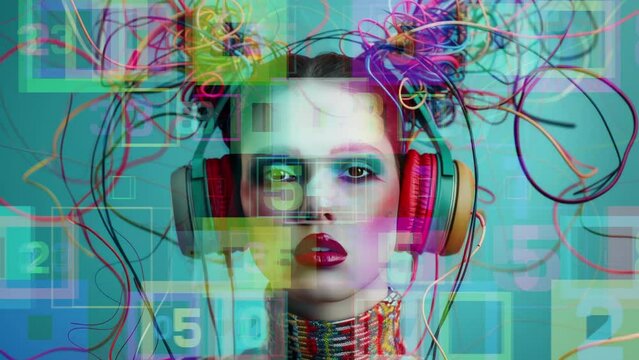 mix of beautiful female headshots wearing music headphones and cables generated with AI