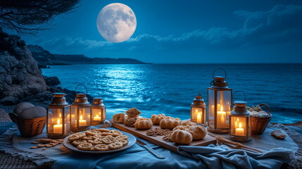 A romantic beach picnic at night with lanterns and a full moon reflecting on the sea. - obrazy, fototapety, plakaty