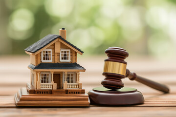 A concept image featuring a judge's gavel and a model house over a spread of cash, representing the legal proceedings in real estate transactions, auctions, and inheritance disputes. - obrazy, fototapety, plakaty