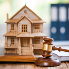 A concept image featuring a judge's gavel and a model house over a spread of cash, representing the legal proceedings in real estate transactions, auctions, and inheritance disputes.