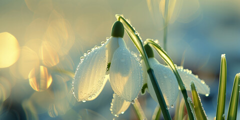 Close-up shot of beautiful white snowdrop flower blossoming in a garden on sunny day. Galanthus...