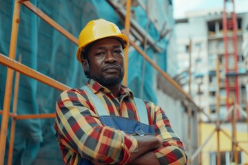 Black male construction worker in overall helmet near site with building work and looking at camera