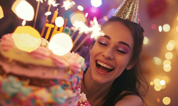 A close-up of a playful young woman taking a selfie with a birthday cake, smiling, holding a smartphone