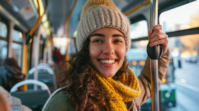 Portrait of a smiling young woman in a yellow jacket and hat riding a bus.