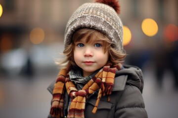 Portrait of a cute little girl in winter coat and hat.