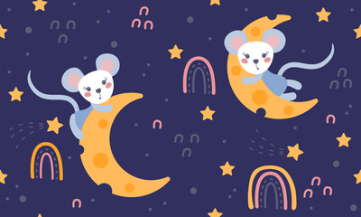 Seamless pattern with mice, cheese moon and stars. Sleeping mice cute vector illustration