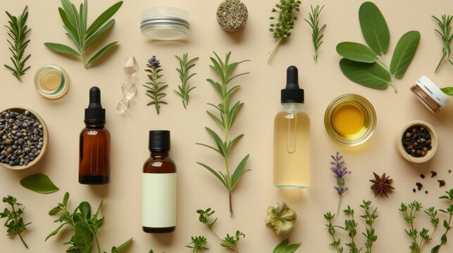 Aroma essential oil. Top view dropper bottle among colourful dried flowers, medicinal herbs variety. Natural cosmetic and skincare, herbal miscellany