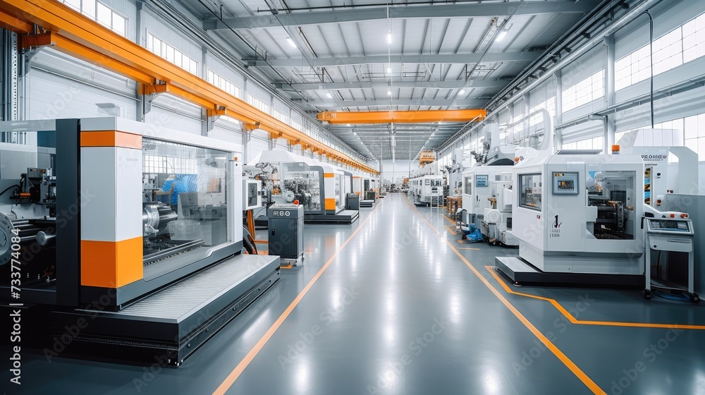 Poster Modern production hall with CNC milling machines in a bright an friendly environment. Generative AI.