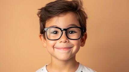 Smiling young boy with glasses wearing a white shirt against a warm orange background.