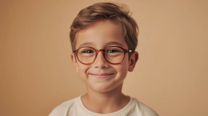 A young boy with glasses smiling at the camera wearing a white shirt against a warm beige background.