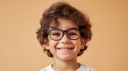 Young child with curly hair and glasses smiling against a warm orange background.