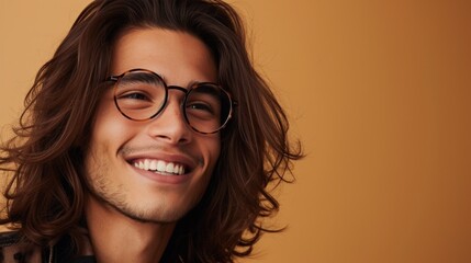 Young man with long hair and glasses smiling against a warm orange background.