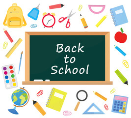 Blackboard with chalk and school supplies school vector illustration