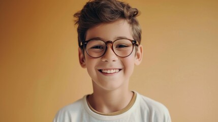 Smiling young boy with glasses and messy hair against a yellow background.