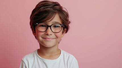 Young child with glasses smiling at camera wearing white shirt against pink background.