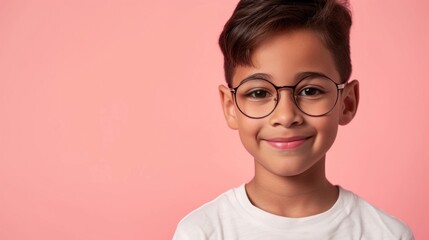 Young boy with glasses smiling against pink background.