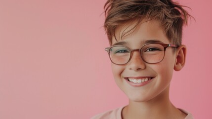 A young boy with glasses smiling at the camera against a pink background.