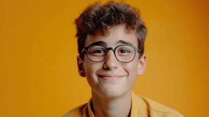 A young boy with curly hair and glasses wearing a yellow shirt smiling against a vibrant yellow background.