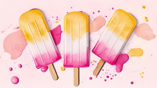 Ice cream background in watercolour style. Fruit colourful ice creams on stick. Summer food background, birthday, party concept.