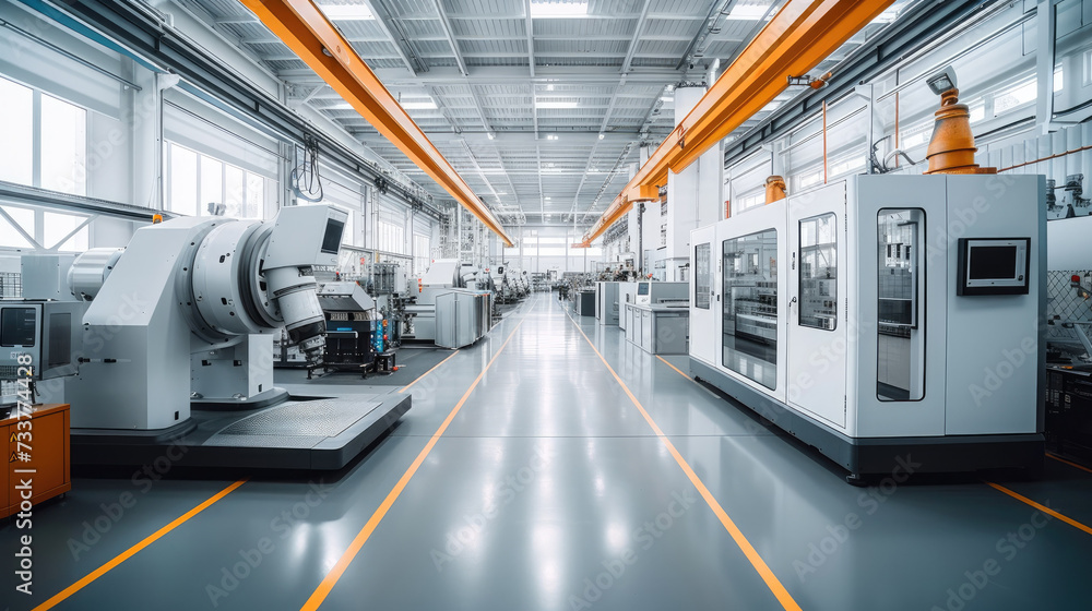 Poster Modern production hall with CNC milling machines in a bright an friendly environment. Generative AI.