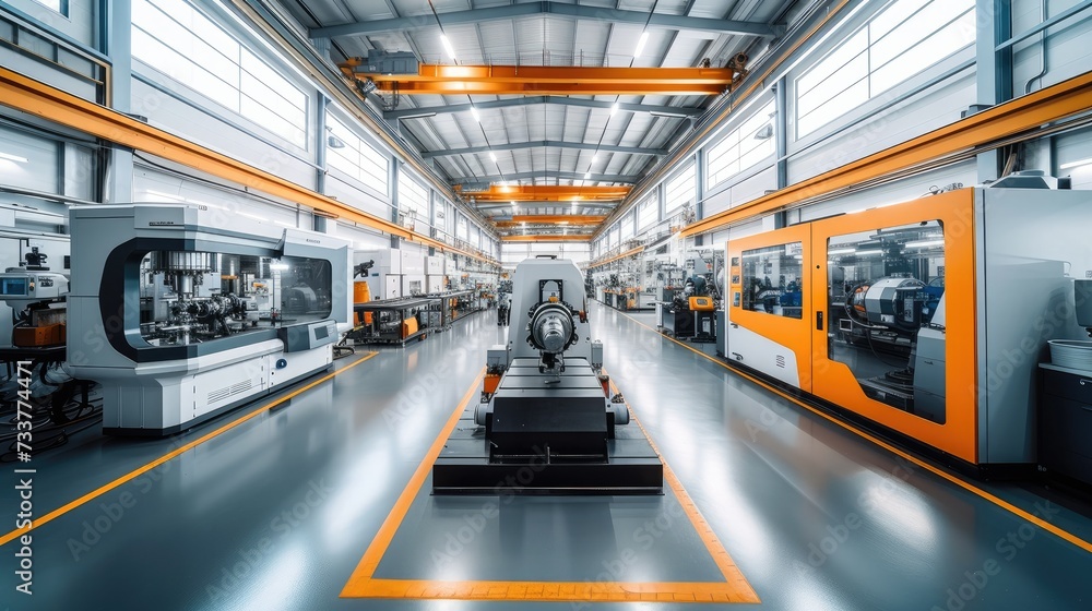Poster Modern production hall with CNC milling machines in a bright an friendly environment. Generative AI.