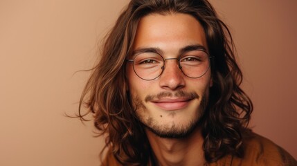 Fototapeta na wymiar Young man with long hair and glasses smiling against a warm-toned background.