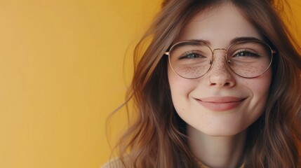 Fototapeta premium A young woman with freckles and glasses smiling at the camera with a warm and inviting expression.