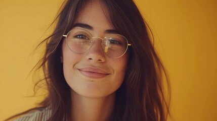 Fototapeta premium A young woman with long brown hair wearing round glasses and smiling at the camera against a yellow background.