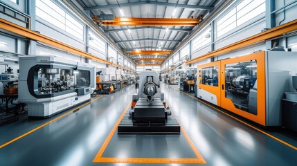 Modern production hall with CNC milling machines in a bright an friendly environment. Generative AI.