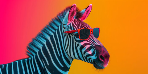 Multicolored neon party zebra wearing sunglasses on vivid background.