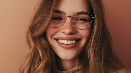 Fototapeta premium Smiling woman with glasses long hair and a soft pink background.