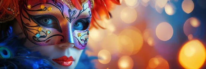 Wall murals Carnival Beautiful young woman with creative make-up wearing multicolored carnival mask with feathers. Girl wearing costume celebrating carnival. Bokeh lights in background.