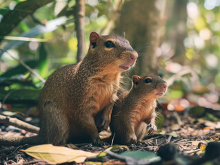 Fototapeta premium Agouti with its young in a sunlight of tropical forest.