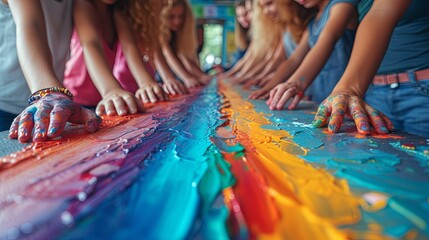 Obraz premium Children enjoying a fun and creative finger painting activity in an art class setting with a focus on colorful hands.