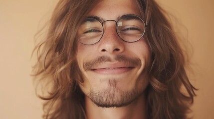 Fototapeta na wymiar A young man with long brown hair wearing round glasses smiling with a hint of a beard against a warm-toned background.
